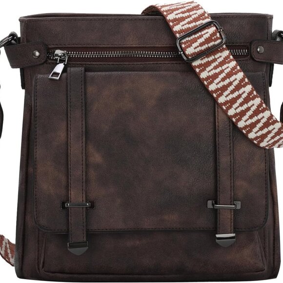 Handbags - Leather Crossbody Bag Women Men Travel Purse Medium with Pockets & Wide Strap